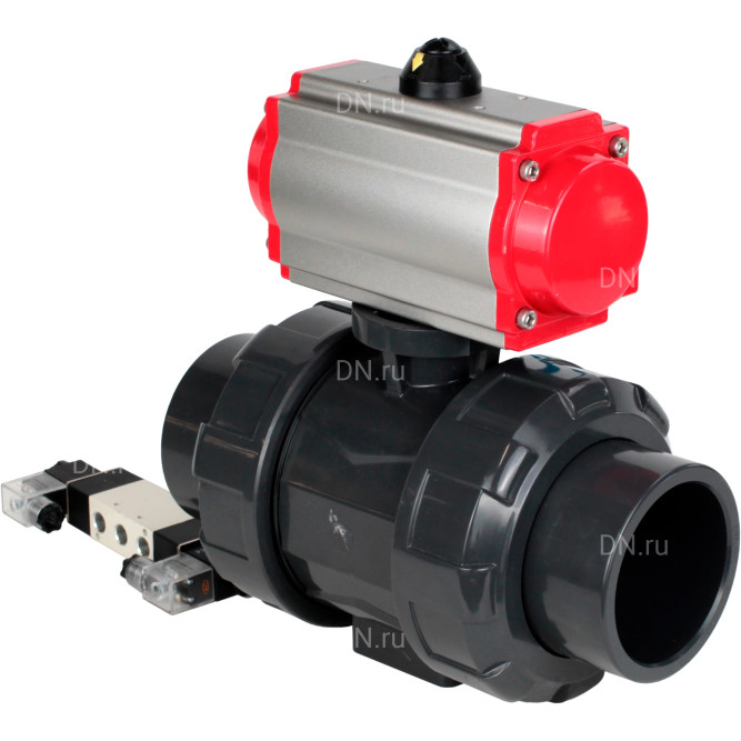 Кран шаровой BV4242E-FP-GRM-ISO Дн65 Ру10 полнопроходной, корпус - НПВХ, шар - НПВХ, уплотнение - EPDM, с пневмоприводом PA-SA-065 и пневмораспределителем 4V320-10 AC220V в Алматы