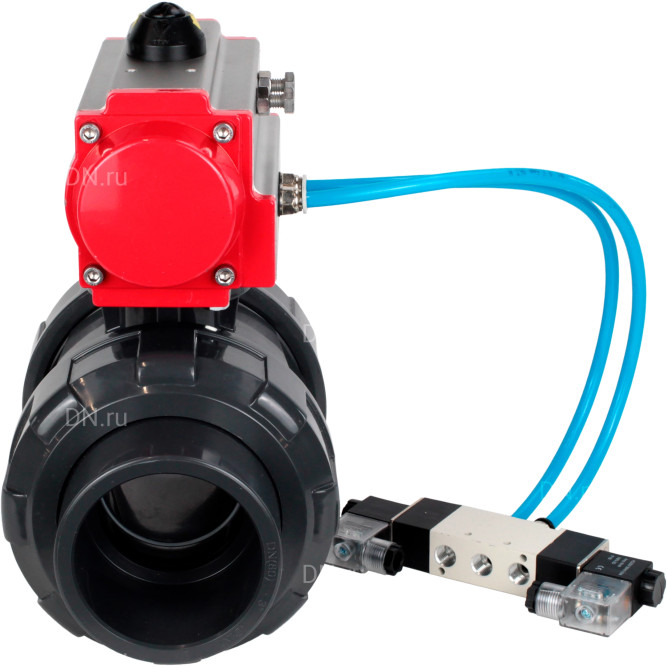 Кран шаровой BV4242E-FP-GRM-ISO Дн65 Ру10 полнопроходной, корпус - НПВХ, шар - НПВХ, уплотнение - EPDM, с пневмоприводом PA-SA-065 и пневмораспределителем 4V320-10 AC220V в Алматы