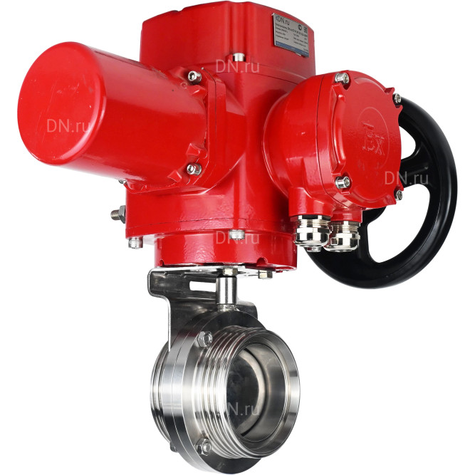 Затвор дисковый поворотный WBV3131E-2W-T-H Ду25 Ру10 резьбовой, корпус - пищевая нержавеющая сталь 304, уплотнение - EPDM, с электроприводом QT-EX-005M-O2-220VAC-У1 с моментной муфтой и штурвалом в Алматы