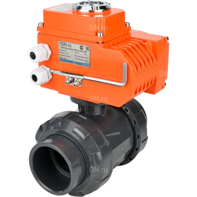 Кран шаровой BV4242E-FP-GRM-ISO Дн40 Ру10 полнопроходной, клеевой с разборным муфтовым соединением, корпус - НПВХ, шар - НПВХ, уплотнение - EPDM, с электроприводом QT-N-003EM-O1-24VDC-У1 HARK в Алматы