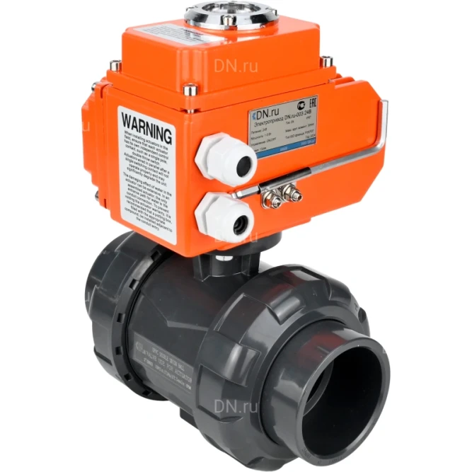 Кран шаровой BV4242E-FP-GRM-ISO Дн40 Ру10 полнопроходной, клеевой с разборным муфтовым соединением, корпус - НПВХ, шар - НПВХ, уплотнение - EPDM, с электроприводом QT-N-003EM-O1-24VDC-У1 HARK в Алматы