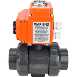 Кран шаровой BV4242E-FP-GRM-ISO Дн40 Ру10 полнопроходной, клеевой с разборным муфтовым соединением, корпус - НПВХ, шар - НПВХ, уплотнение - EPDM, с электроприводом QT-N-003EM-O1-24VDC-У1 HARK