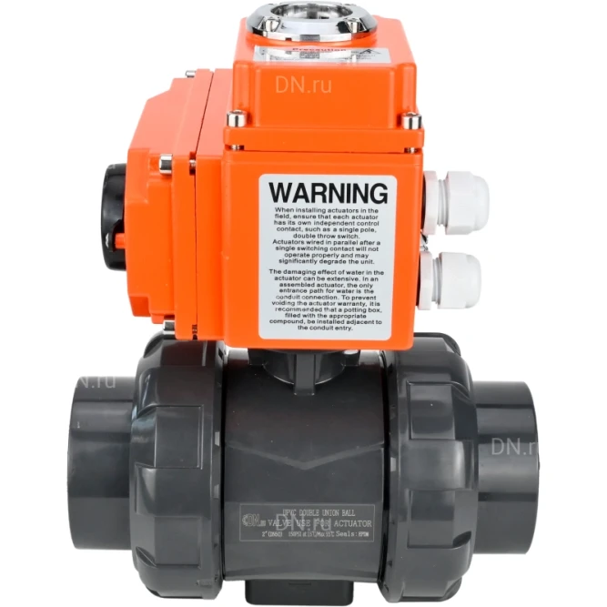 Кран шаровой BV4242E-FP-GRM-ISO Дн40 Ру10 полнопроходной, клеевой с разборным муфтовым соединением, корпус - НПВХ, шар - НПВХ, уплотнение - EPDM, с электроприводом QT-N-003EM-O1-24VDC-У1 HARK в Алматы