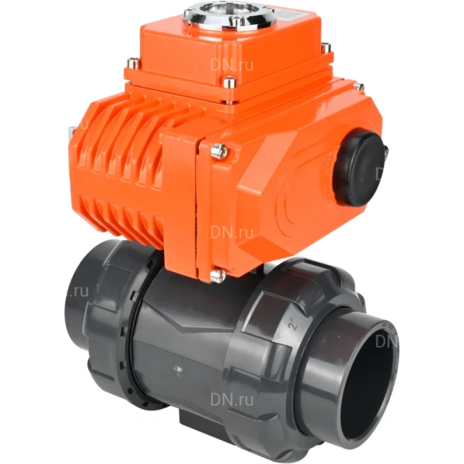Кран шаровой BV4242E-FP-GRM-ISO Дн40 Ру10 полнопроходной, клеевой с разборным муфтовым соединением, корпус - НПВХ, шар - НПВХ, уплотнение - EPDM, с электроприводом QT-N-003EM-O1-24VDC-У1 HARK в Алматы