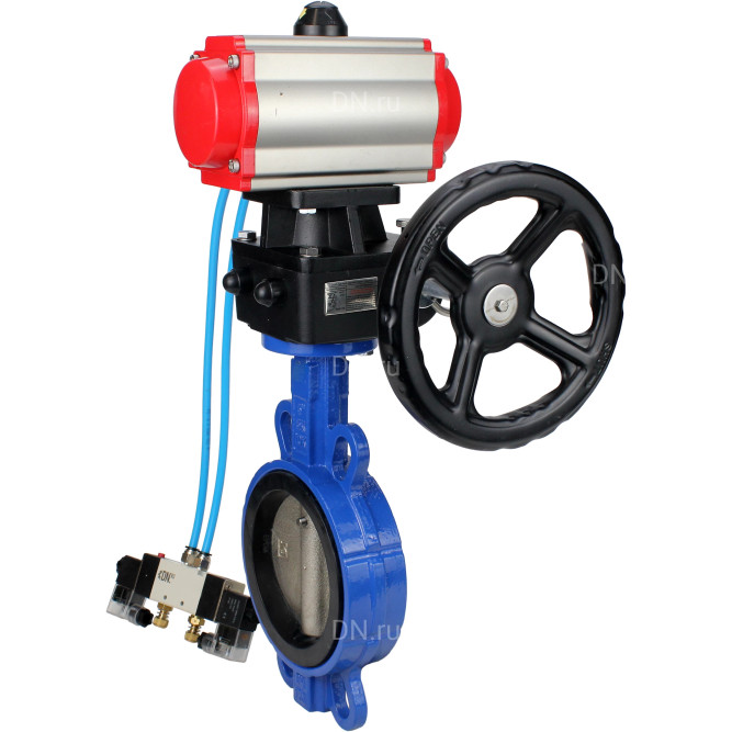 Затвор дисковый поворотный WBV1413E-2W-Fb-H Ду125 Ру16, корпус - чугун GGG50, диск - чугун GGG40, уплотнение - EPDM, с пневмоприводом PA-DA-105, пневмораспределителем 4V320-08 AC220V и ручным дублером MON2-450-T28-ISO в Алматы