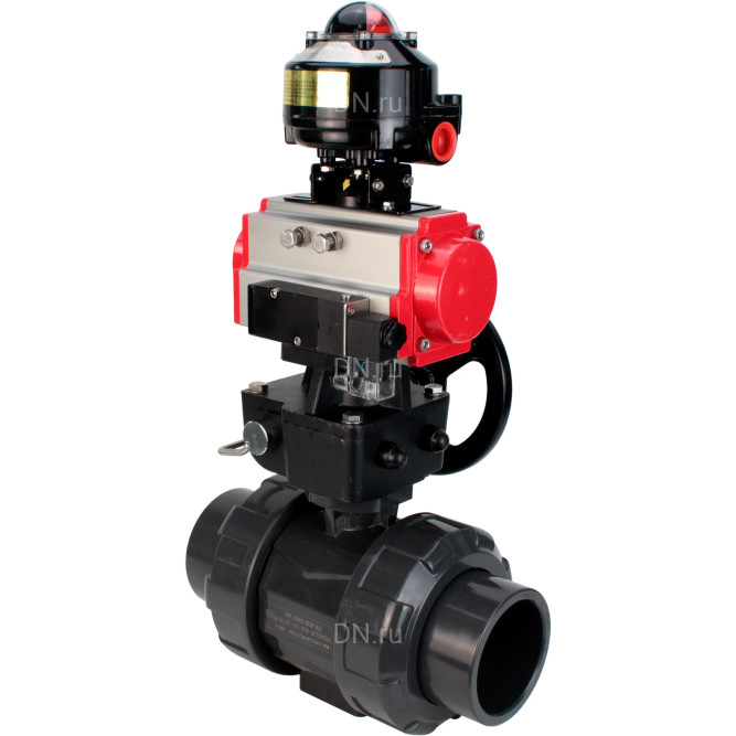 Кран шаровой BV4242E-FP-GRM-ISO Дн32 Ру10 полнопроходной, корпус - НПВХ, шар - НПВХ, уплотнение - EPDM, с пневмоприводом PA-DA-052, пневмораспределителем 4M310-08 DC24V, ручным дублером MON1-250-T26-ISO и БКВ APL-510N EX в Алматы