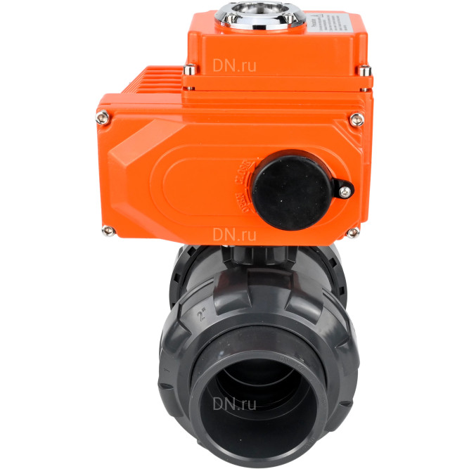 Кран шаровой BV4242E-FP-GRM-ISO Дн65 Ру10 полнопроходной, клеевой с разборным муфтовым соединением, корпус - НПВХ, шар - НПВХ, уплотнение - EPDM, с электроприводом QT-N-003EM-O1-24VDC-У1 HARK в Алматы