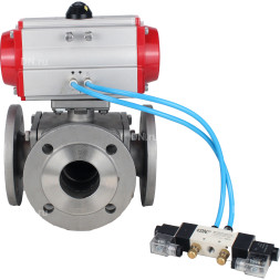 Кран шаровой BV3232P(4pc)-FP-3WL-F Ду100 Ру16 полнопроходной трехходовой, фланцевый, корпус - нержавеющая сталь SS316, с пневмоприводом PA-DA-105 двойного действия и пневмораспределителем 4V320-08 AC220V