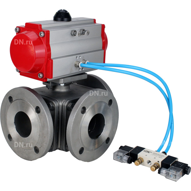 Кран шаровой BV3232P(4pc)-FP-3WL-F Ду100 Ру16 полнопроходной трехходовой, фланцевый, корпус - нержавеющая сталь SS316, с пневмоприводом PA-DA-105 двойного действия и пневмораспределителем 4V320-08 AC220V в Алматы
