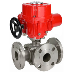 Кран шаровой BV3232P(2pc)-FP-3WL-F-ISO-H Ду80 Ру16 HYMT, трехходовой L-тип, полнопроходной, фланцевый, корпус - нержавеющая сталь SS316, с электроприводом QT-EX-010M-O2-220VAC-У1 с моментной муфтой и штурвалом