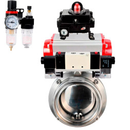 Затвор дисковый поворотный WBV3131E-2W-T-H Ду32 Ру10 резьбовой, пищевая нержавеющая сталь 304, уплотнение – EPDM, с пневмоприводом PA-DA-052, пневмораспределителем 4V320-08 AC220V, БКВ APL-410N EX и БПВ AFC2000