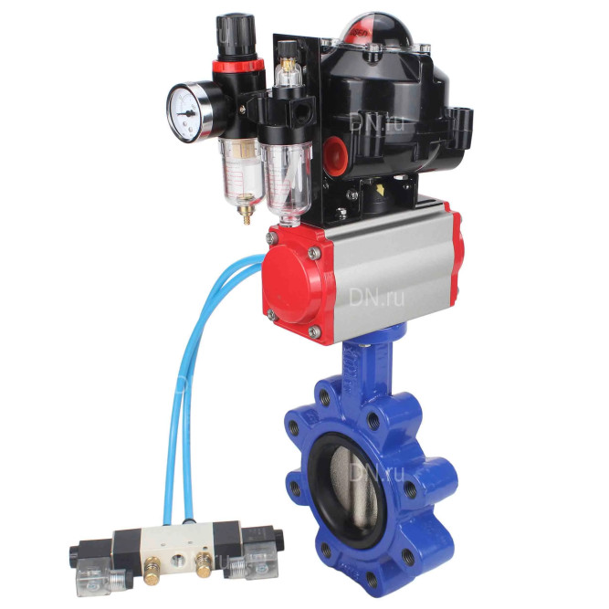 Затвор дисковый поворотный WBV1616E-2W-Fb-H Ду80 Ру16 LUG корпус - чугун QT450, диск - чугун QT450, уплотнение - EPDM, с пневмоприводом PA-DA-083, пневмораспределителем 4V320-10 AC220V, БКВ APL-510N EX и БПВ AFC2000 в Алматы