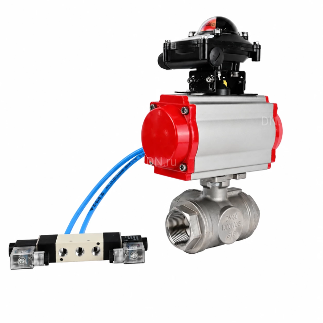 Кран шаровой BV3232P(4pc)-SP-3WL-T-ISO-H WDVF Ду65 Ру40 стандартнопроходной, 3-ходовой L-тип, внутренняя резьба, нержавеющая сталь AISI 316, PTFE, с пневмоприводом PA-SA-140, пневмораспределителем 4V320-10 AC220V и БКВ APL-210N в Алматы