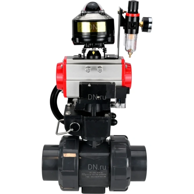 Кран шаровой BV4242E-FP-GRM-ISO Дн25 Ру10 полнопроходной, корпус - НПВХ, шар - НПВХ, уплотнение - EPDM, с пневмоприводом PA-DA-052, пневмораспределителем 4M310-08 AC220V, ручным дублером MON1-250-T26-ISO, БКВ APL-510N EX и БПВ AFC2000 в Алматы