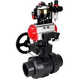 Кран шаровой BV4242E-FP-GRM-ISO Дн25 Ру10 полнопроходной, корпус - НПВХ, шар - НПВХ, уплотнение - EPDM, с пневмоприводом PA-DA-052, пневмораспределителем 4M310-08 AC220V, ручным дублером MON1-250-T26-ISO, БКВ APL-510N EX и БПВ AFC2000