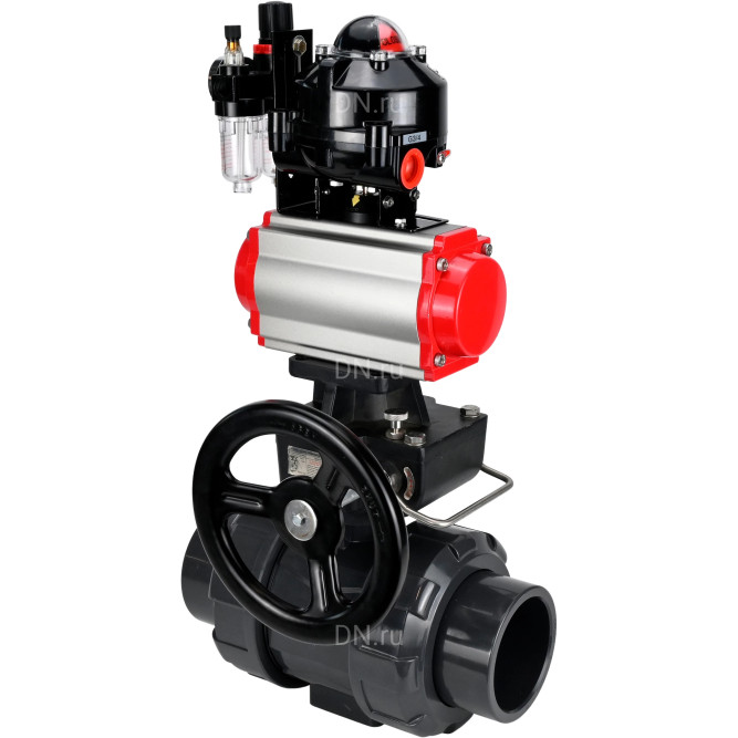 Кран шаровой BV4242E-FP-GRM-ISO Дн25 Ру10 полнопроходной, корпус - НПВХ, шар - НПВХ, уплотнение - EPDM, с пневмоприводом PA-DA-052, пневмораспределителем 4M310-08 AC220V, ручным дублером MON1-250-T26-ISO, БКВ APL-510N EX и БПВ AFC2000 в Алматы
