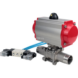 Кран шаровой BV3131P(3pc)-FP-W-ISO-H LONG Ду32 Ру40 полнопроходной, корпус - нержавеющая сталь 304, уплотнение - PTFE, под приварку, с пневмоприводом PA-SA-083 и пневмораспределителем 4V320-08 AC220V