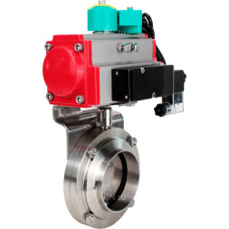 Затвор дисковый поворотный WBV3131E-2W-T-H Ду15 Ру10 резьбовой, пищевая нержавеющая сталь 304, уплотнение - EPDM, с пневмоприводом PA-DA-052, пневмораспределителем 4M310-08 DC24V и магнитным переключателем ALS200D