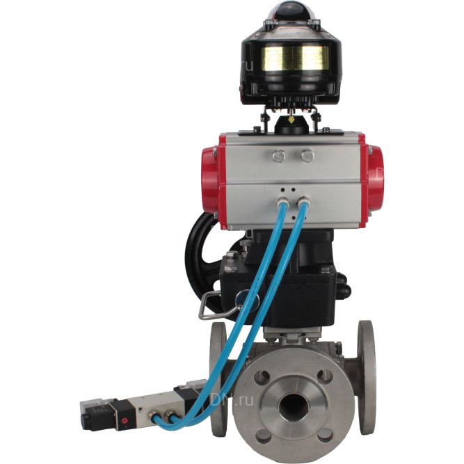 Кран шаровой BV3232P(4pc)-FP-3WL-F Ду15 Ру16 полнопроходной трехходовой, фланцевый, нержав.сталь SS316, с пневмоприводом PA-DA-052 двойн.действия, пневмораспределителем 4V320-10 AC220V, БКВ APL-510N EX и ручным дублером MON1-250-T26-ISO в Алматы