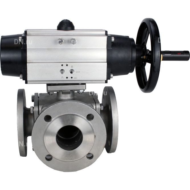 Кран шаровой BV3232P(4pc)-FP-3WL-F Ду100 Ру16 полнопроходной трехходовой, фланцевый, корпус - нержавеющая сталь SS316, с пневмоприводом PA-DA-105-1 двойного действия в Алматы