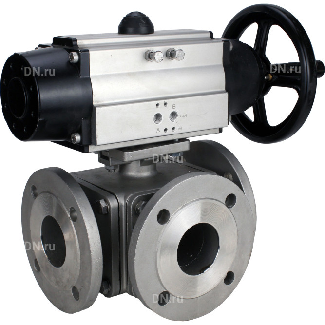 Кран шаровой BV3232P(4pc)-FP-3WL-F Ду100 Ру16 полнопроходной трехходовой, фланцевый, корпус - нержавеющая сталь SS316, с пневмоприводом PA-DA-105-1 двойного действия в Алматы