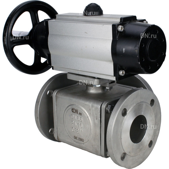 Кран шаровой BV3232P(4pc)-FP-3WL-F Ду100 Ру16 полнопроходной трехходовой, фланцевый, корпус - нержавеющая сталь SS316, с пневмоприводом PA-DA-105-1 двойного действия в Алматы