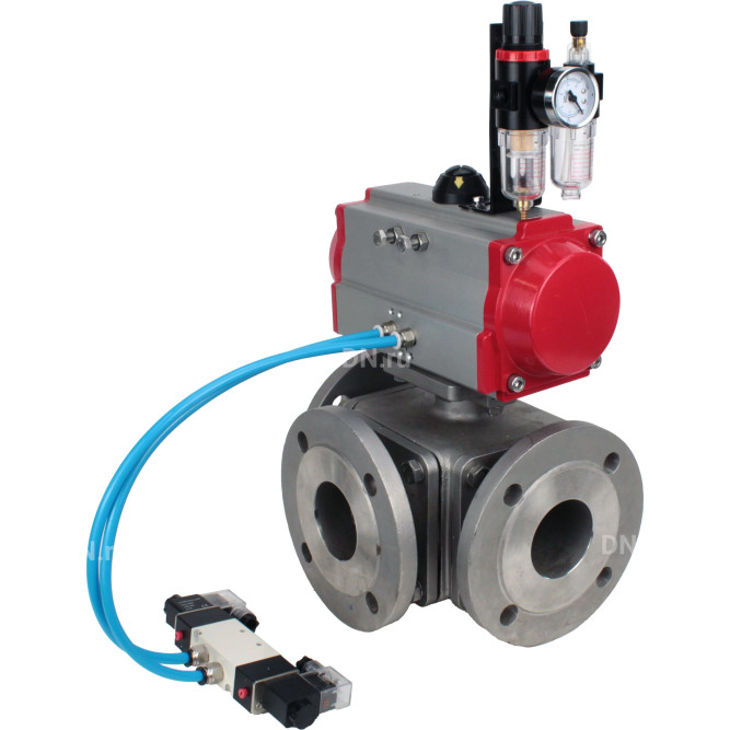 Кран шаровой BV3232P(4pc)-FP-3WL-F Ду40 Ру16 полнопроходной трехходовой, фланцевый, корпус - нержавеющая сталь SS316, с пневмоприводом PA-SA-105 с возвратными пружинами, пневмораспределителем 4V320-10 AC220V и БПВ AFC2000 в Алматы