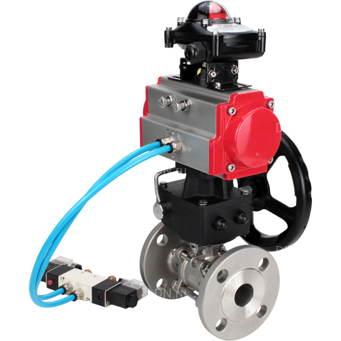 Кран шаровой BV3131P(3pc)-FP-F-ISO-H Ду40 Ру40, трехсоставной полнопроходной фланцевый, нержавеющая сталь SS304, PTFE, с пневмоприводом PA-DA-065, с пневмораспределителем 4V320-08 AC220V, с БКВ APL-210N, ручным дублером MON1-250-T26-ISO в Алматы