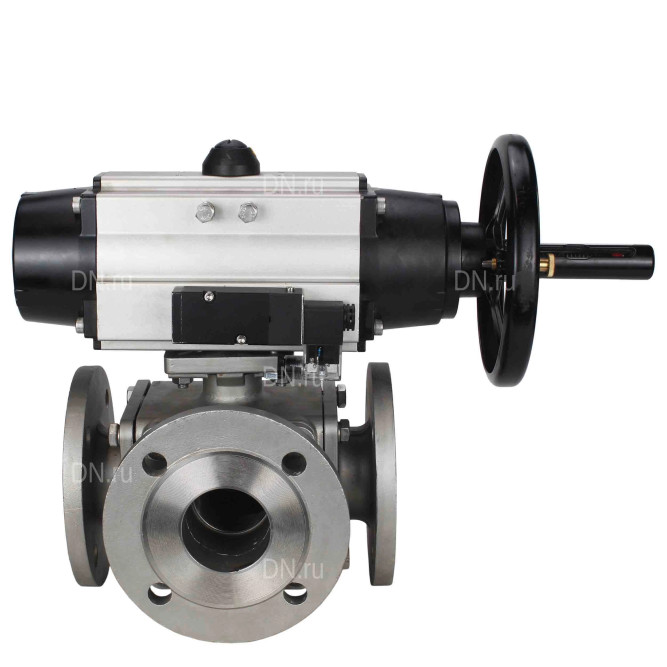 Кран шаровой BV3232P(4pc)-FP-3WL-F Ду100 Ру16 полнопроходной трехходовой, фланцевый, корпус - нержавеющая сталь SS316, с пневмоприводом PA-DA-105-1 двойного действия и пневмораспределителем 4M310-08 AC220V в Алматы