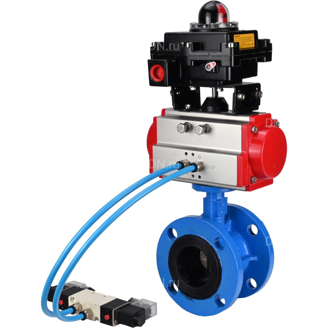 Затвор дисковый поворотный WBV1313E-2W-F-H Ду125 Ру16 фланцевый, корпус - чугун GGG40, диск - чугун GGG40, уплотнение - EPDM, с пневмоприводом PA-DA-130, пневмораспределителем 4V320-10 AC220V и БКВ APL-410N EX в Алматы