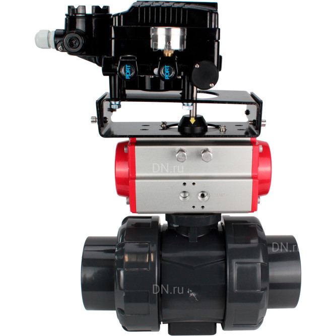 Кран шаровой BV4242E-FP-GRM-ISO Дн80 Ру10 полнопроходной, корпус - НПВХ, шар - НПВХ, уплотнение - EPDM, с пневмоприводом PA-SA-065 и пневмопозиционером YT-1000RSN без обратной связи в Алматы