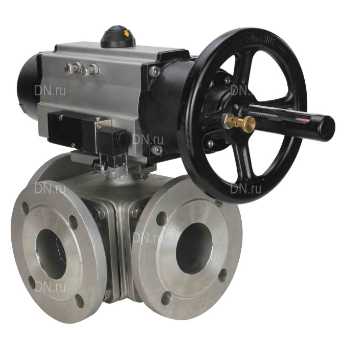 Кран шаровой BV3232P(4pc)-FP-3WL-F Ду100 Ру16 полнопроходной трехходовой, фланцевый, корпус - нержавеющая сталь SS316, с пневмоприводом PA-DA-105-1 двойного действия и пневмораспределителем 4M310-08 DC24V в Алматы