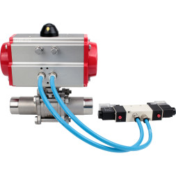 Кран шаровой BV3131P(3pc)-FP-W-ISO-H LONG Ду150 Ру16 полнопроходной, корпус - нержавеющая сталь 304, уплотнение - PTFE, под приварку, с пневмоприводом PA-DA-140 и пневмораспределителем 4V320-10 AC220V