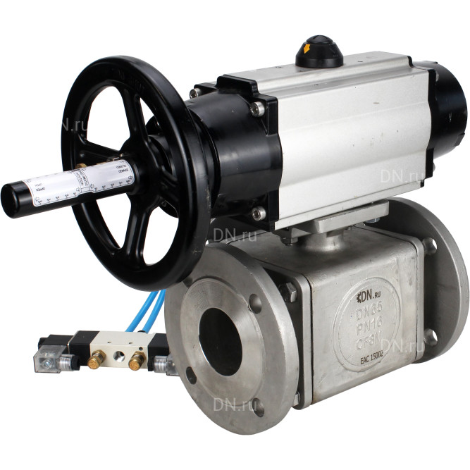 Кран шаровой BV3232P(4pc)-FP-3WL-F Ду100 Ру16 полнопроходной трехходовой, фланцевый, корпус - нержавеющая сталь SS316, с пневмоприводом PA-DA-105-1 двойного действия и пневмораспределителем 4V320-08 AC220V в Алматы