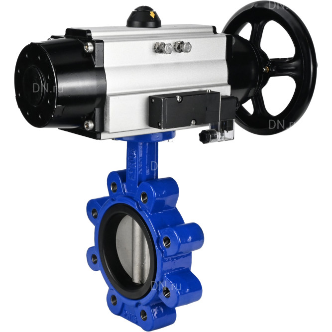 Затвор дисковый поворотный WBV1631E-2W-Fb-H Ду125 Ру16 LUG корпус - чугун QT450, диск - нержавеющая сталь 304, уплотнение - EPDM, с пневмоприводом PA-DA-105-1 и пневмораспределителем 4M310-08 DC24V в Алматы