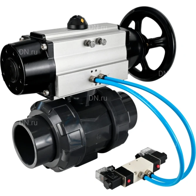 Кран шаровой BV4242E-FP-GRM-ISO Дн80 Ру10 полнопроходной, корпус - НПВХ, шар - НПВХ, уплотнение - EPDM, с пневмоприводом PA-DA-105-1 и пневмораспределителем 4V320-10 AC220V в Алматы