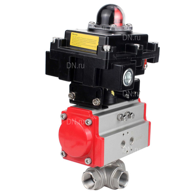 Кран шаровой BV3232P(4pc)-SP-3WL-T-ISO-H Ду20 Ру63 стандартнопроходной трехходовой L-тип, нержавеющая сталь SS316, внутренняя резьба, уплотнение - PTFE, с пневмоприводом PA-SA-52 и блоком концевых выключателей APL-410N EX в Алматы