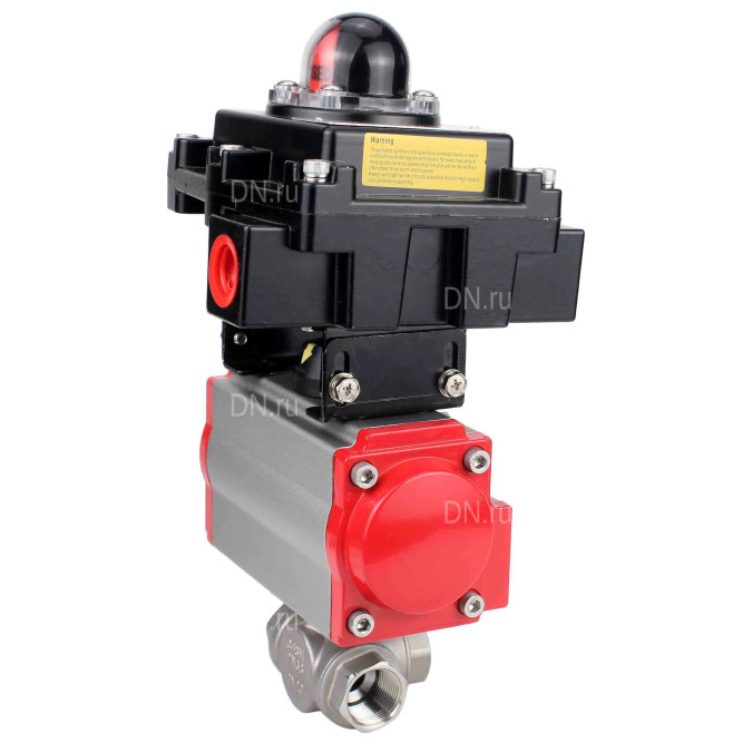 Кран шаровой BV3232P(4pc)-SP-3WL-T-ISO-H Ду20 Ру63 стандартнопроходной трехходовой L-тип, нержавеющая сталь SS316, внутренняя резьба, уплотнение - PTFE, с пневмоприводом PA-SA-52 и блоком концевых выключателей APL-410N EX в Алматы