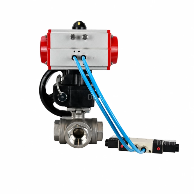Кран шаровой BV3232P(4pc)-SP-3WL-T-ISO-H WDVF Ду40 Ру63 стандартнопроходной, 3-ходовой L-тип, внутренняя резьба, нержавеющая сталь AISI 316, с пневмоприводом PA-DA-083, пневмораспределителем 4V320-10 AC220V и ручным дублером MON1-250-T26-ISO в Алматы