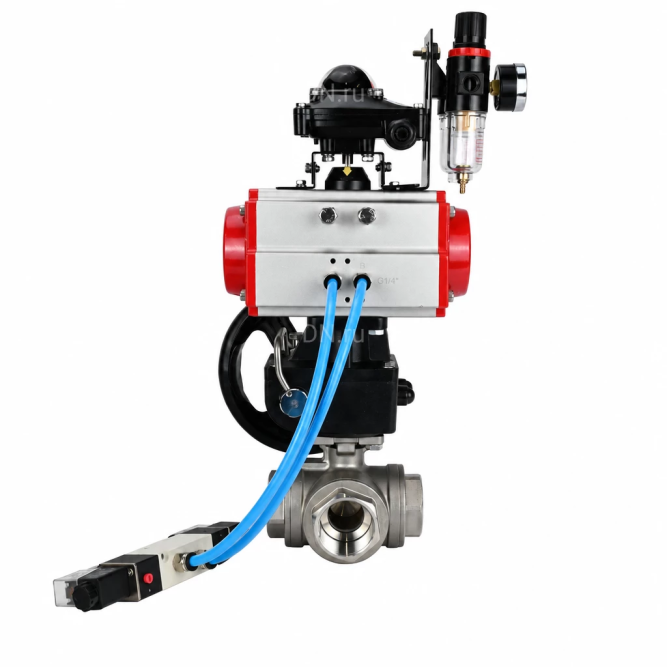 Кран шаровой BV3232P(4pc)-SP-3WL-T-ISO-H WDVF Ду32 Ру63 стандартнопроходной, 3-ходовой L-тип, внутренняя резьба, с пневмоприводом PA-DA-083, пневмораспределителем 4V320-08 AC220V, БКВ APL-210N, БПВ AFC2000 и ручным дублером MON1-250-T26-ISO в Алматы