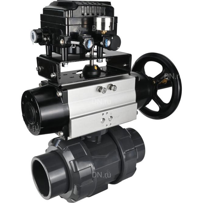 Кран шаровой BV4242E-FP-GRM-ISO Дн15 Ру10 полнопроходной, корпус - НПВХ, шар - НПВХ, уплотнение - EPDM, с пневмоприводом PA-DA-105-1 и пневмопозиционером YT-1000RSN без обратной связи в Алматы