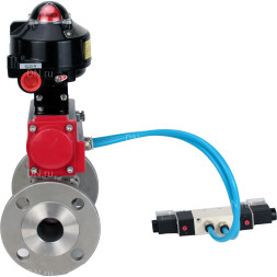 Кран шаровой BV3232P(3pc)-FP-F-ISO-H Ду80 Ру25 фланцевый, полнопроходной, трехсоставной, корпус - нержавеющая сталь SS316, уплотнение - PTFE, с пн.приводом PA-DA-105 пн.распределителем 4V320-10 AC220V БКВ APL-510N-EX