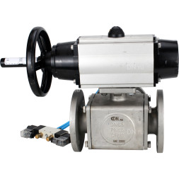 Кран шаровой BV3232P(4pc)-FP-3WL-F Ду100 Ру16 полнопроходной трехходовой, фланцевый, корпус - нержавеющая сталь SS316, с пневмоприводом PA-DA-105-1 двойного действия и пневмораспределителем 4V320-10 AC220V