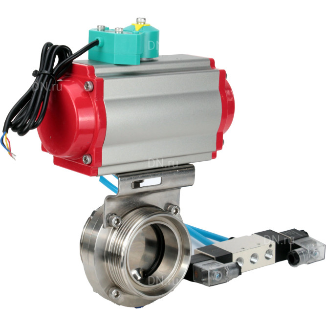Затвор дисковый поворотный WBV3131S-2W-T-H Ду25 Ру10 резьбовой, пищевая нержавеющая сталь 304, уплотнение - Silicon, с пневмоприводом PA-DA-052, пневмораспределителем 4V320-08 AC220V и магнитным переключателем ALS200D в Алматы