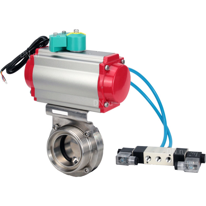 Затвор дисковый поворотный WBV3131S-2W-T-H Ду25 Ру10 резьбовой, пищевая нержавеющая сталь 304, уплотнение - Silicon, с пневмоприводом PA-DA-052, пневмораспределителем 4V320-08 AC220V и магнитным переключателем ALS200D в Алматы
