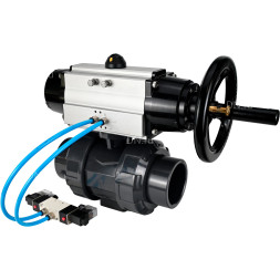 Кран шаровой BV4242E-FP-GRM-ISO Дн100 Ру10 полнопроходной, корпус - НПВХ, шар - НПВХ, уплотнение - EPDM, с пневмоприводом PA-DA-105-1 и пневмораспределителем 4V320-10 AC220V