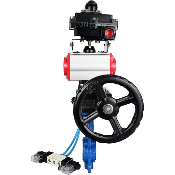 Затвор дисковый поворотный WBV1413E-2W-Fb-H Ду125 Ру16, корпус - чугун GGG50, диск - чугун GGG40, уплотнение - EPDM, с пневмоприводом PA-DA-105, пневмораспределителем 4V320-08 AC220V, БКВ APL-410N EX и ручным дублером MON2-450-T28-ISO в Алматы