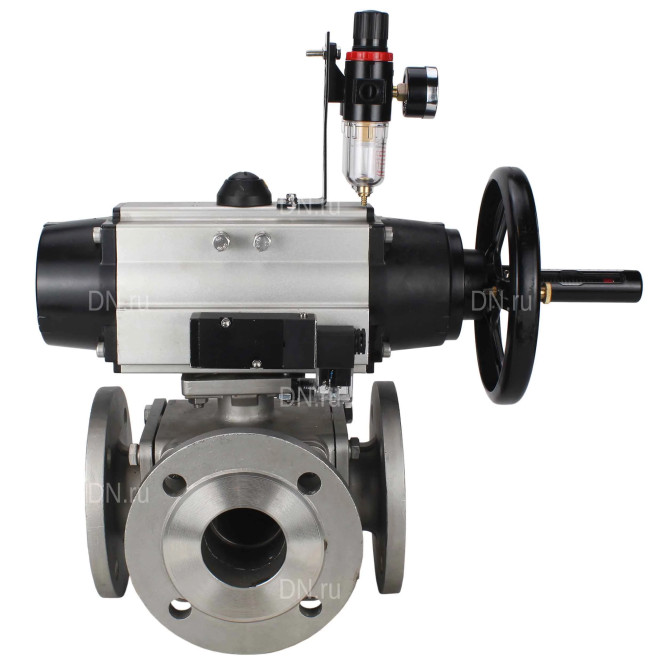 Кран шаровой BV3232P(4pc)-FP-3WL-F Ду100 Ру16 полнопроходной трехходовой, фланцевый, корпус - нержавеющая сталь SS316, с пневмоприводом PA-DA-105-1 двойного действия, пневмораспределителем 4M310-08 DC24V и БПВ AFC2000 в Алматы