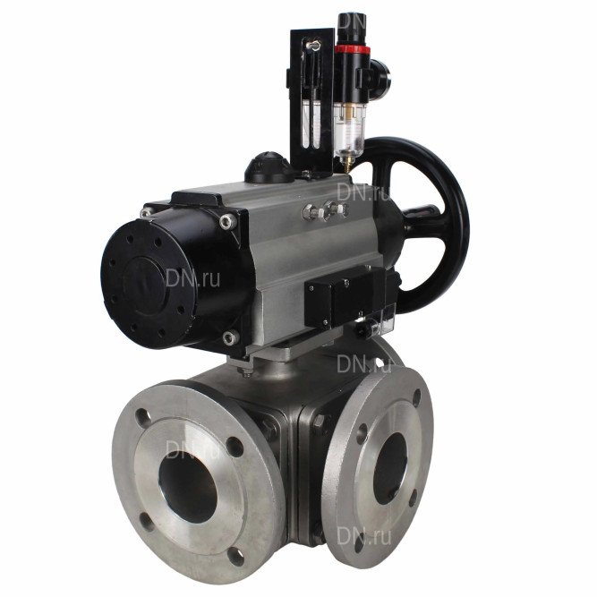 Кран шаровой BV3232P(4pc)-FP-3WL-F Ду100 Ру16 полнопроходной трехходовой, фланцевый, корпус - нержавеющая сталь SS316, с пневмоприводом PA-DA-105-1 двойного действия, пневмораспределителем 4M310-08 DC24V и БПВ AFC2000 в Алматы