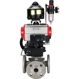 Кран шаровой BV3232P(4pc)-FP-3WL-F Ду65 Ру16 полнопроходной трехходовой, фланцевый, корпус - нержав.сталь SS316, пневмопривод PA-DA-083, пневмораспределитель 4M310-08 AC220V, БКВ APL-510N EX, ручной дублер MON2-450-T28-ISO и БПВ AFC2000